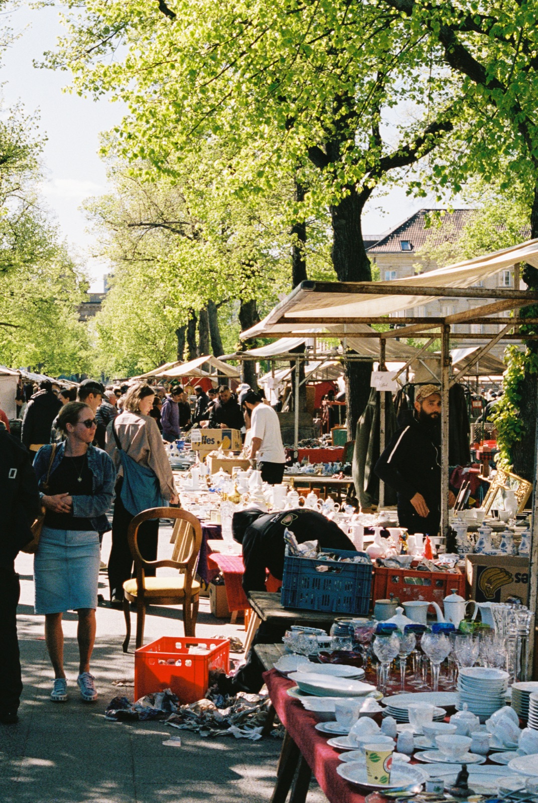 Lange Marktreihe in milchigem Frühlingslicht.
